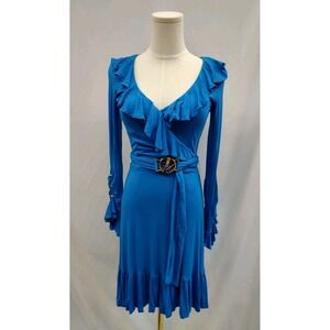 Y2K Vintage Cache Wrap Dress Blue Full Skirt Long Sleeve Ruffle Trim Gold Belt 2